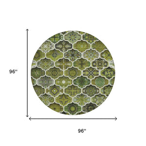8 Ft Round Olive Ogee Polyester Area Rug Washable Stain Resistant Indoor Outdoor