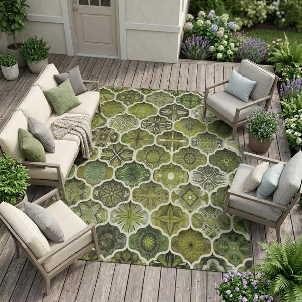 8x10 Olive Ogee Polyester Area Rug Washable Stain Resistant Indoor Outdoor Use
