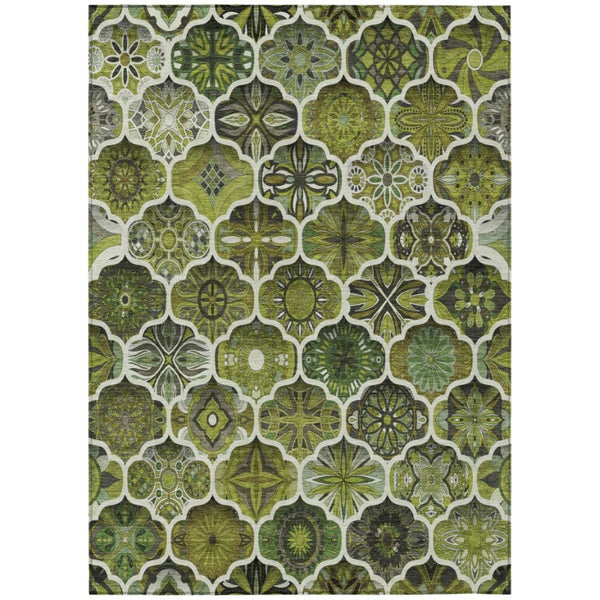 HomeRoots 8x10 Olive Ogee Polyester Area Rug Washable Stain Resistant Indoor Outdoor Use 746233