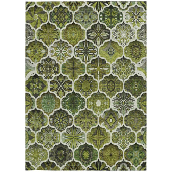 8x10 Olive Ogee Polyester Area Rug Washable Stain Resistant Indoor Outdoor Use