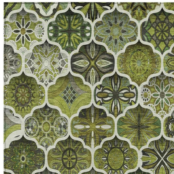 8x10 Olive Ogee Polyester Area Rug Washable Stain Resistant Indoor Outdoor Use