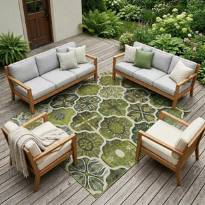 9x12 Olive Ogee Polyester Area Rug Washable Stain Resistant Indoor Outdoor Patio