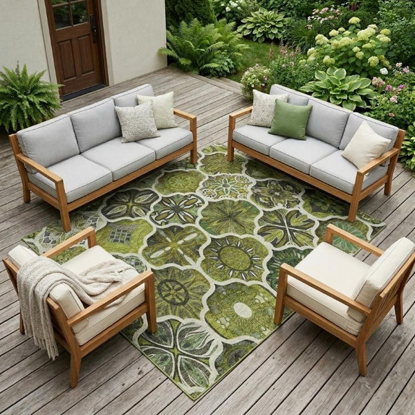 9x12 Olive Ogee Polyester Area Rug Washable Stain Resistant Indoor Outdoor Patio