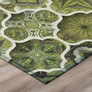 9x12 Olive Ogee Polyester Area Rug Washable Stain Resistant Indoor Outdoor Patio
