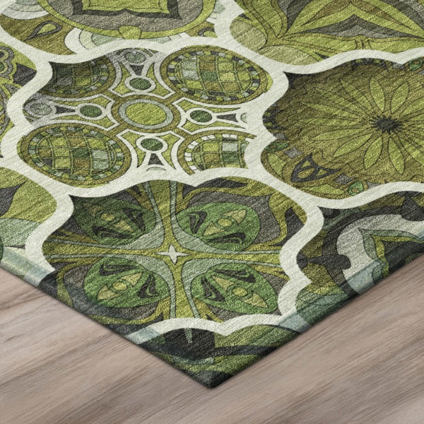9x12 Olive Ogee Polyester Area Rug Washable Stain Resistant Indoor Outdoor Patio