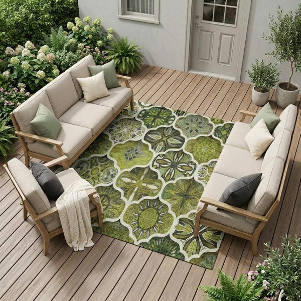10 X 14 Olive Ogee Washable Polyester Rug for Patio Porch Living Room and Beyond