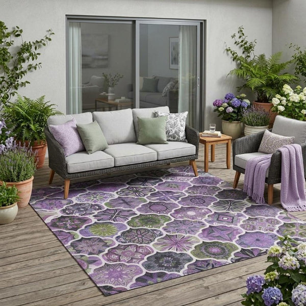 5x8 Plum Purple Ogee Polyester Area Rug Stain Resistant Indoor Outdoor Patio