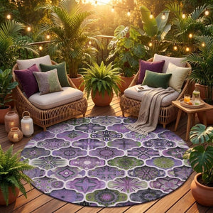 8 Ft Round Ogee Polyester Area Rug Washable for Patio Porch Kitchen or Family Room