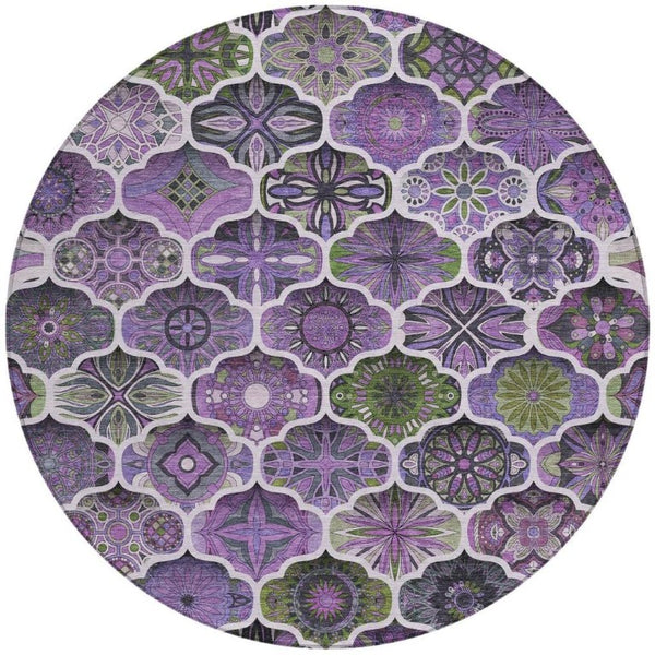 8 Ft Round Ogee Polyester Area Rug Washable for Patio Porch Kitchen or Family Room