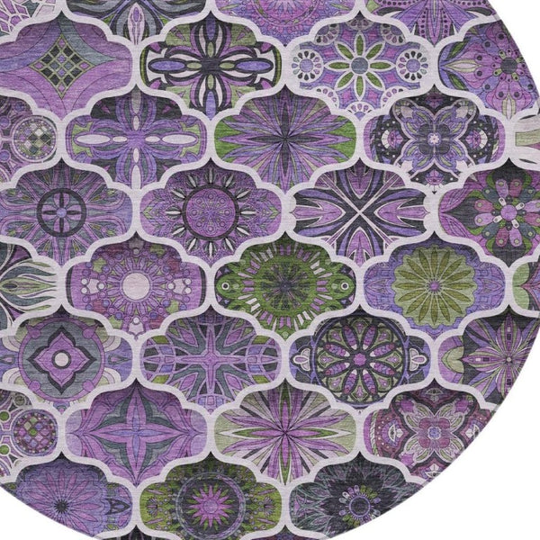 8 Ft Round Ogee Polyester Area Rug Washable for Patio Porch Kitchen or Family Room