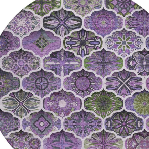 8 Ft Round Ogee Polyester Area Rug Washable for Patio Porch Kitchen or Family Room