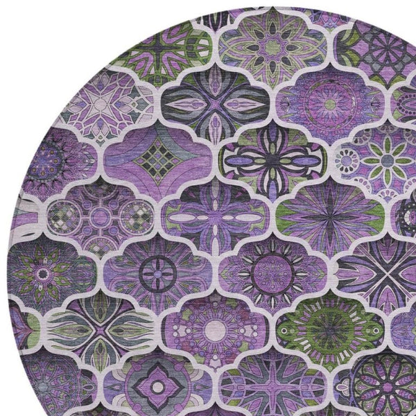 8 Ft Round Ogee Polyester Area Rug Washable for Patio Porch Kitchen or Family Room