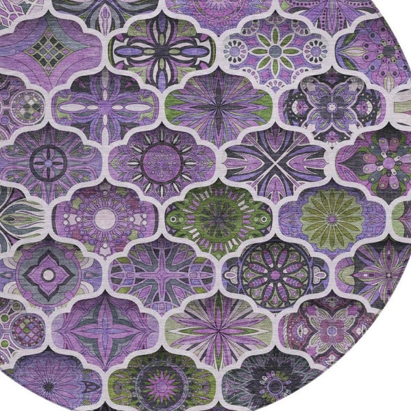 8 Ft Round Ogee Polyester Area Rug Washable for Patio Porch Kitchen or Family Room