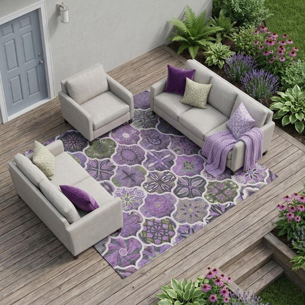 8x10 Plum Purple Ogee Polyester Area Rug Washable Stain Resistant Indoor Outdoor