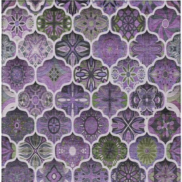 8x10 Plum Purple Ogee Polyester Area Rug Washable Stain Resistant Indoor Outdoor