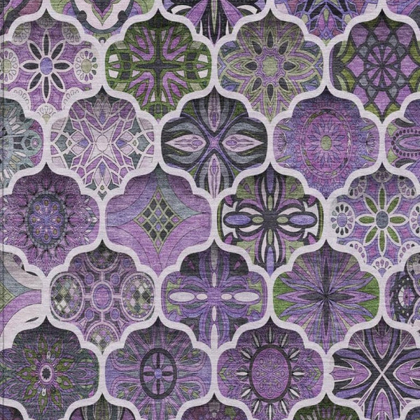 8x10 Plum Purple Ogee Polyester Area Rug Washable Stain Resistant Indoor Outdoor