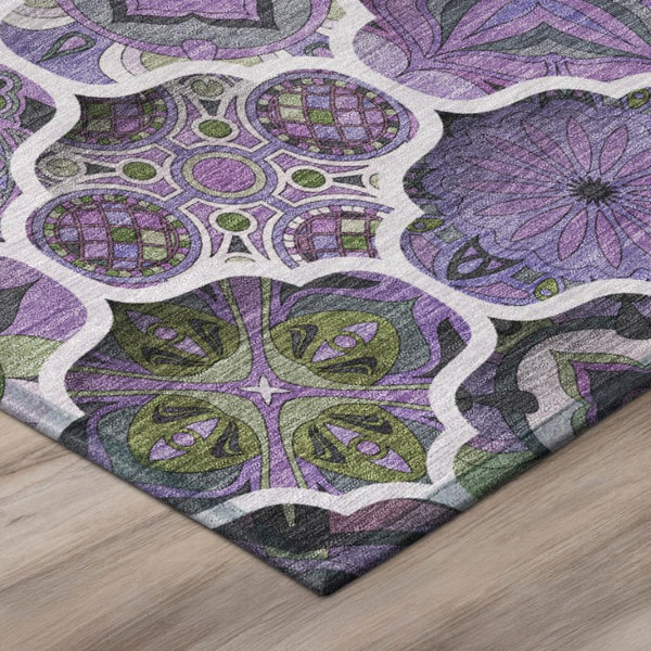 8x10 Plum Purple Ogee Polyester Area Rug Washable Stain Resistant Indoor Outdoor