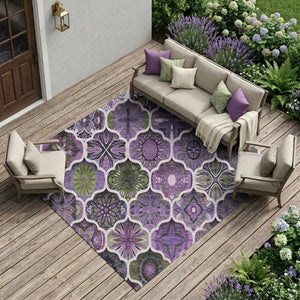 9x12 Plum Purple Ogee Polyester Area Rug Washable Stain Resistant Indoor Outdoor