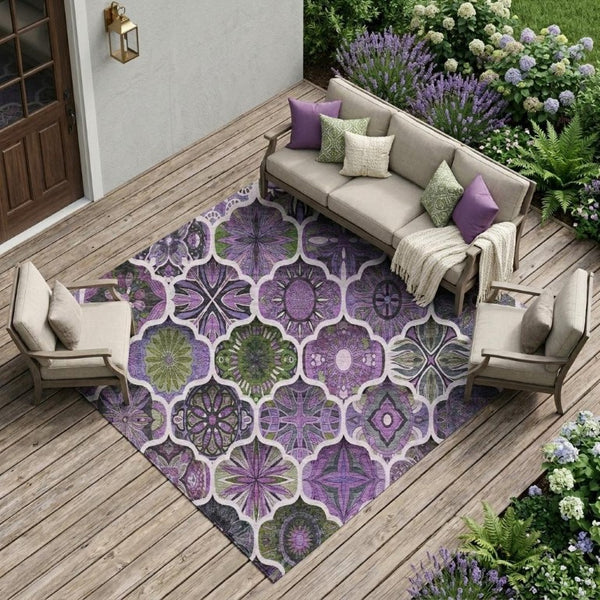 9x12 Plum Purple Ogee Polyester Area Rug Washable Stain Resistant Indoor Outdoor
