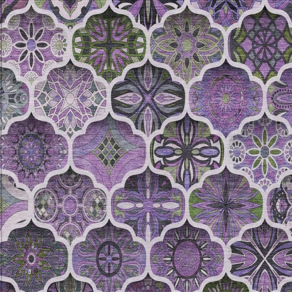9x12 Plum Purple Ogee Polyester Area Rug Washable Stain Resistant Indoor Outdoor