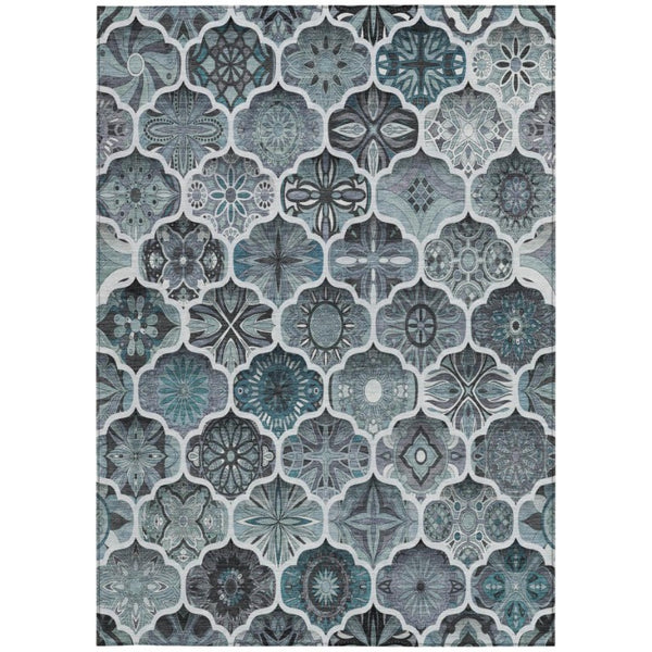 5x8 Pewter Gray Ogee Polyester Area Rug Washable Stain Resistant Indoor Outdoor