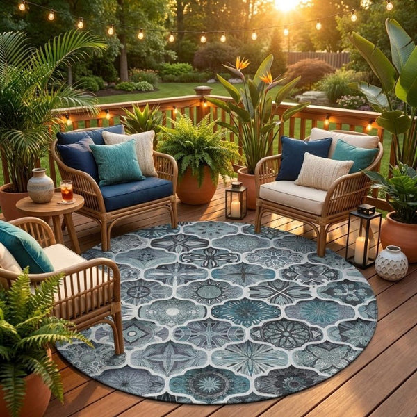 8 Ft Round Ogee Polyester Area Rug Washable Pet Friendly Patio or Family Room