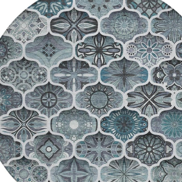 8 Ft Round Ogee Polyester Area Rug Washable Pet Friendly Patio or Family Room