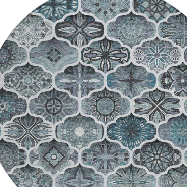 8 Ft Round Ogee Polyester Area Rug Washable Pet Friendly Patio or Family Room