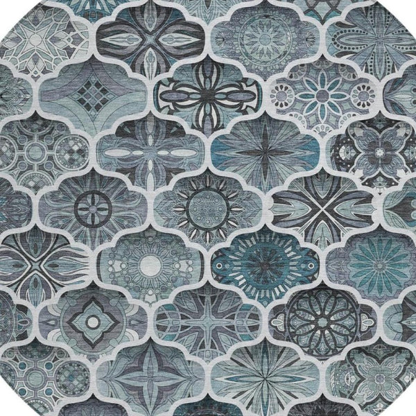 8 Ft Round Ogee Polyester Area Rug Washable Pet Friendly Patio or Family Room
