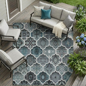8x10 Pewter Gray Ogee Polyester Area Rug Stain Resistant Indoor Outdoor Use