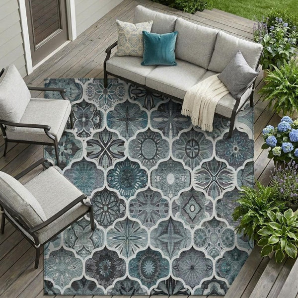 8x10 Pewter Gray Ogee Polyester Area Rug Stain Resistant Indoor Outdoor Use