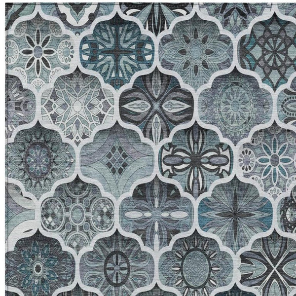8x10 Pewter Gray Ogee Polyester Area Rug Stain Resistant Indoor Outdoor Use