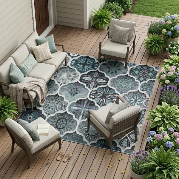 10x14 Pewter Gray Ogee Polyester Area Rug Stain Resistant for Indoor Outdoor Use