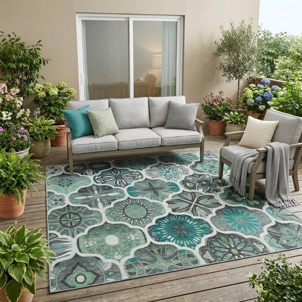 5 X 8 Blue Teal Ogee Polyester Area Rug Washable Stain Resistant Indoor Outdoor