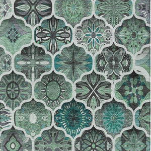 5 X 8 Blue Teal Ogee Polyester Area Rug Washable Stain Resistant Indoor Outdoor
