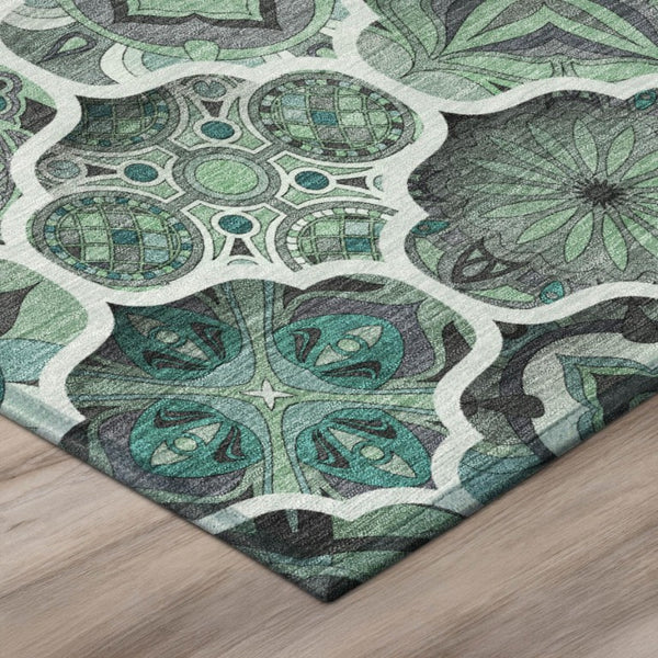5 X 8 Blue Teal Ogee Polyester Area Rug Washable Stain Resistant Indoor Outdoor