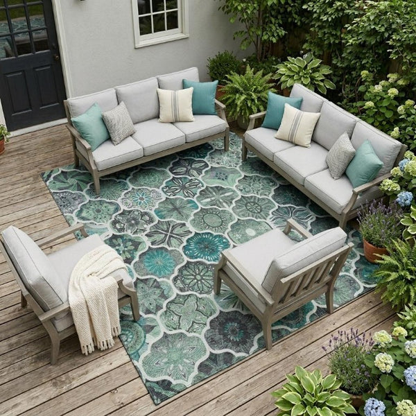 8x10 Ogee Polyester Area Rug Washable Stain Resistant for Patio or Living Room