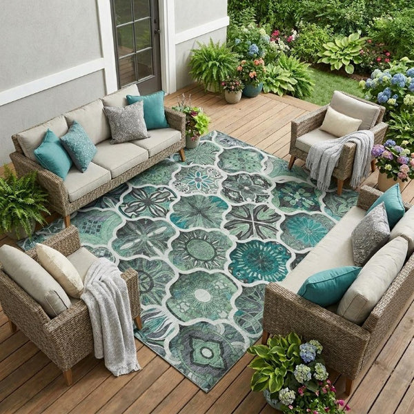 9 X 12 Teal Ogee Polyester Area Rug Washable Stain Resistant for Patio or Living Room