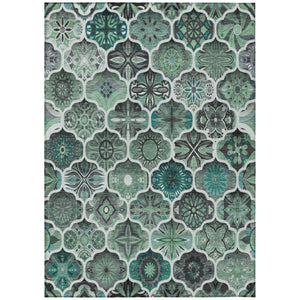 HomeRoots 9 X 12 Teal Ogee Polyester Area Rug Washable Stain Resistant for Patio or Living Room 746252