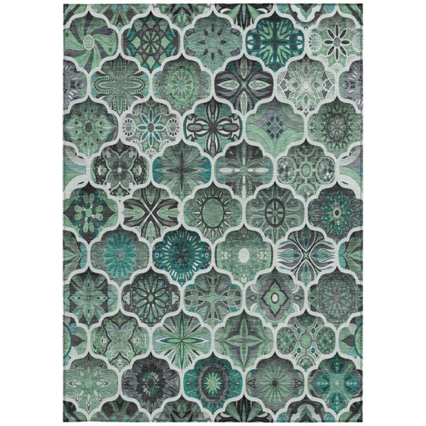 9 X 12 Teal Ogee Polyester Area Rug Washable Stain Resistant for Patio or Living Room