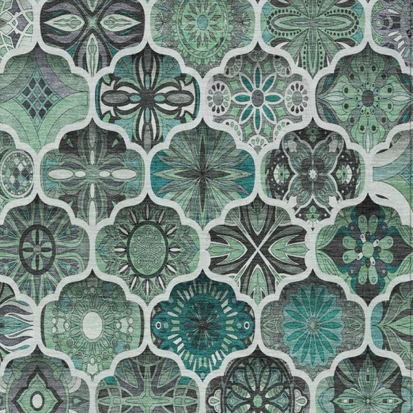 9 X 12 Teal Ogee Polyester Area Rug Washable Stain Resistant for Patio or Living Room