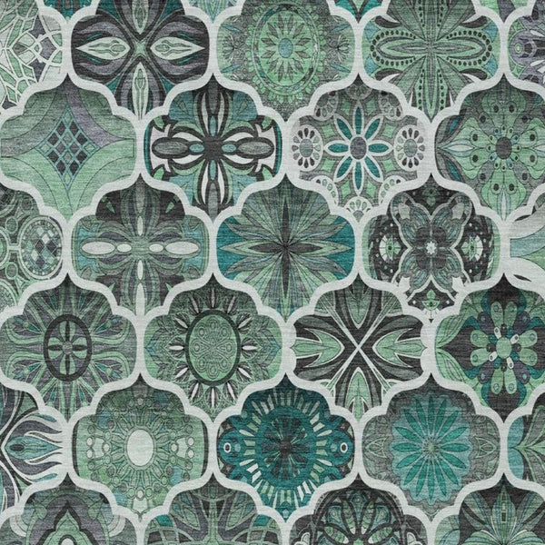 9 X 12 Teal Ogee Polyester Area Rug Washable Stain Resistant for Patio or Living Room