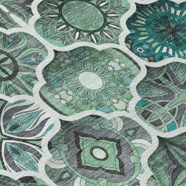 9 X 12 Teal Ogee Polyester Area Rug Washable Stain Resistant for Patio or Living Room