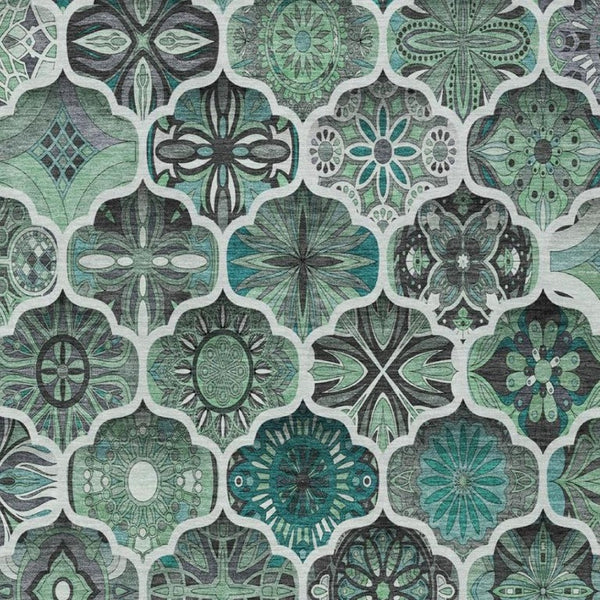 9 X 12 Teal Ogee Polyester Area Rug Washable Stain Resistant for Patio or Living Room