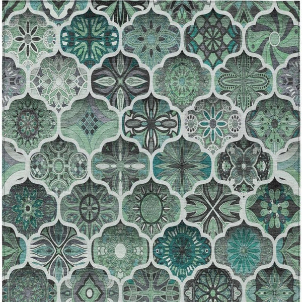 9 X 12 Teal Ogee Polyester Area Rug Washable Stain Resistant for Patio or Living Room