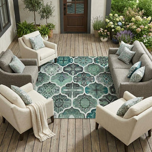 10 X 14 Blue Teal Ogee Polyester Area Rug Washable Stain Resistant Indoor Outdoor