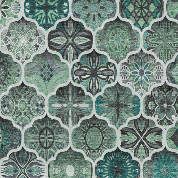 10 X 14 Blue Teal Ogee Polyester Area Rug Washable Stain Resistant Indoor Outdoor