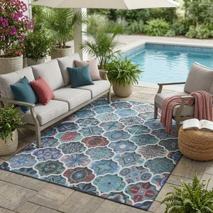 5x8 Teal Graphite Ogee Polyester Area Rug Washable Stain Resistant Indoor Outdoor