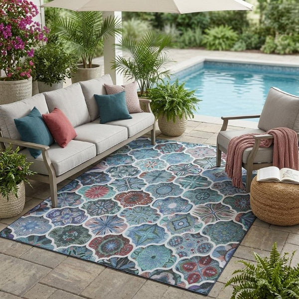 5x8 Teal Graphite Ogee Polyester Area Rug Washable Stain Resistant Indoor Outdoor