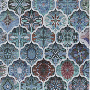 5x8 Teal Graphite Ogee Polyester Area Rug Washable Stain Resistant Indoor Outdoor